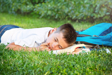 Schoolboy teen (teenager) is lying and sleeping with book and pen. A young child is on the grass in...