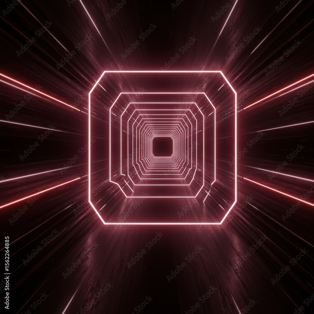 Poster neon tunnel: abstract red neon lights. a mesmerizing perspective down a tunnel of glowing red neon s