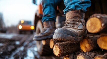 A rugged worker in durable boots perched on stacked logs creates a connection to labor and the outdoors, symbolizing hard work and perseverance. The blurred background of a heavy vehicle adds depth t