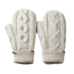 Cozy Winter Knitted Mittens: A pair of ivory-colored knitted mittens, exuding warmth and comfort, lie side-by-side. The intricate cable knit design adds a touch of classic style.