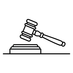 Simple line art icon of a wooden gavel resting on a sounding block representing justice and law
