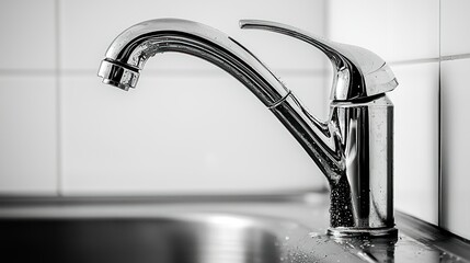 Chrome faucet, water droplets, and white tiled backdrop