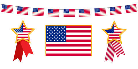 Vector set of elements of USA flag with bunting flags, star medal and national flag in national colors.