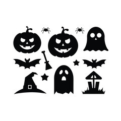 Obraz premium Vector haunted house black and white illustration set. halloween silhouette elements of spooky cottage, big moon, ghost, bats, trees. scary samhain party invitation or card design. Premium Vector 