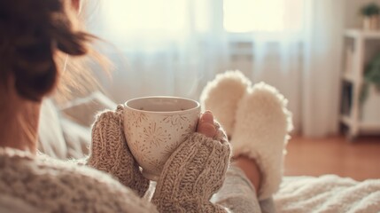 The cozy moment with a warm drink in a comfortable home setting.