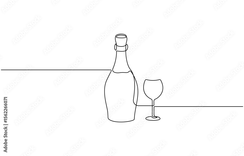 Poster wine bottle and wine glass drawing with one continuous line, continuous line one drawing of wine bot