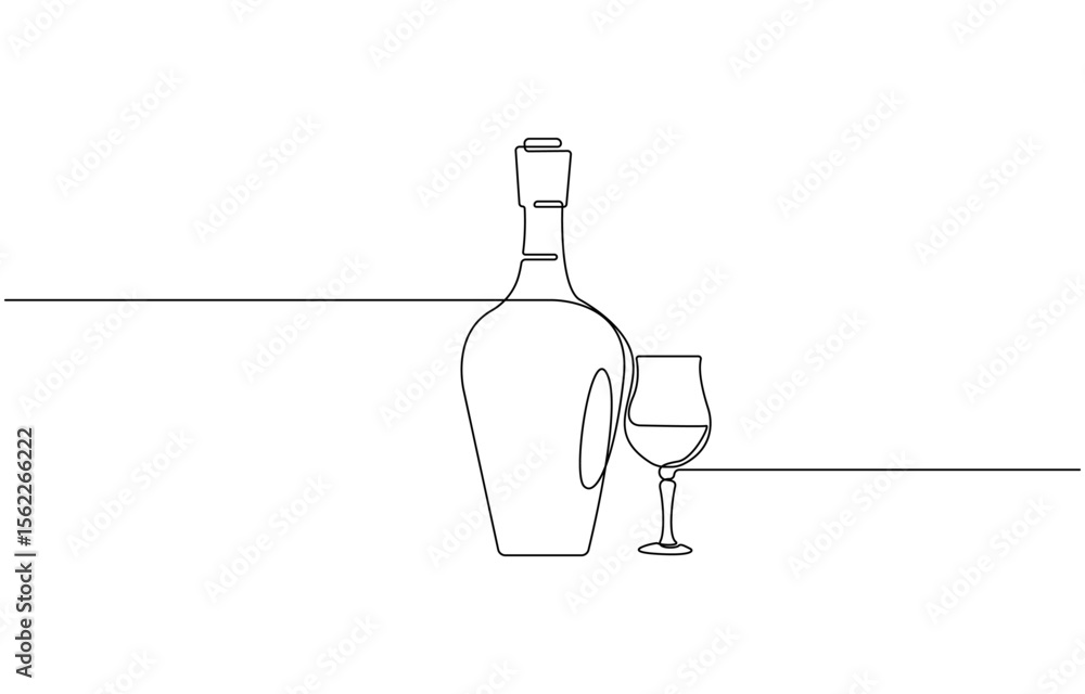 Poster wine bottle and wine glass drawing with one continuous line, continuous line one drawing of wine bot