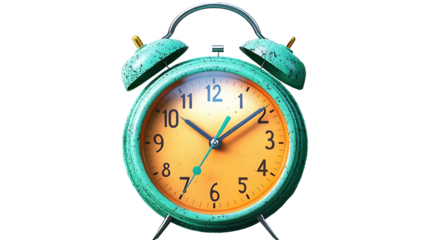 A blue old-fashioned alarm clock on a clean white surface,   Isolated on white background, clipping path included, transparent png.