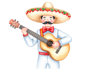 Naklejka premium A captivating serenade, man in sombrel making music with guitar