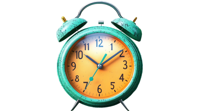 A blue old-fashioned alarm clock on a clean white surface,   Isolated on white background, clipping path included, transparent png.