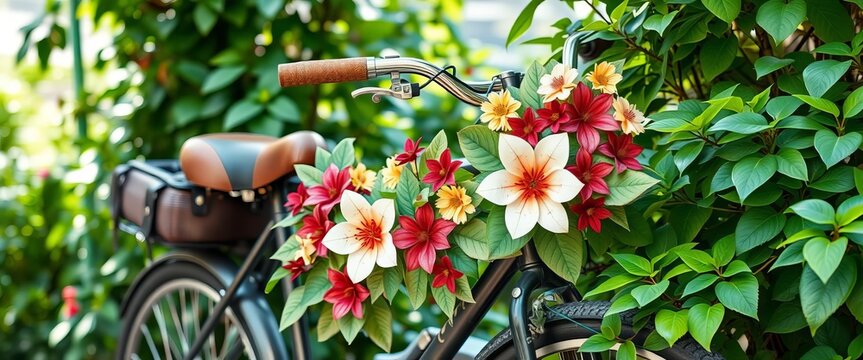 Paper cut flowers & leaves adorn a bicycle amidst lush green foliage,  leaves,  recycled - Powered by Adobe