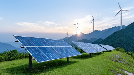 Solar panels and wind turbines on green hillside at sunset, renewable energy technology in scenic mountain landscape