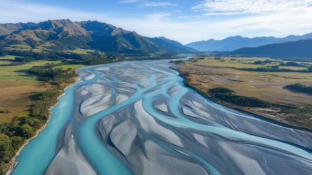 Aerial View of Braided River Flowing Through Scenic Valley and Mountains