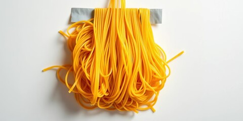 Raw spaghetti adhered to a white wall with yellow pasta and grey tape,  adhesive,  italian food