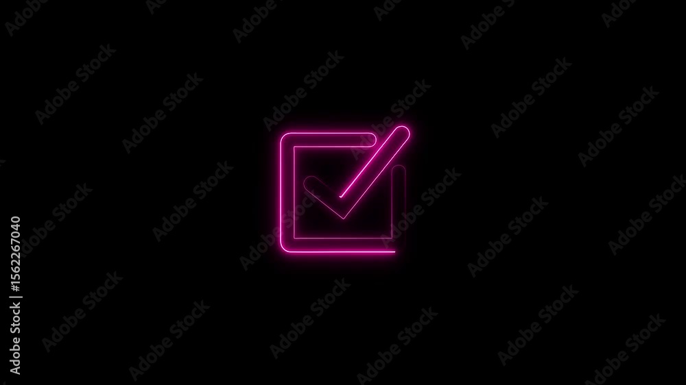 Aufkleber check mark inside a rectangle animated. glowing neon line check mark icon animation. pink tick mark,