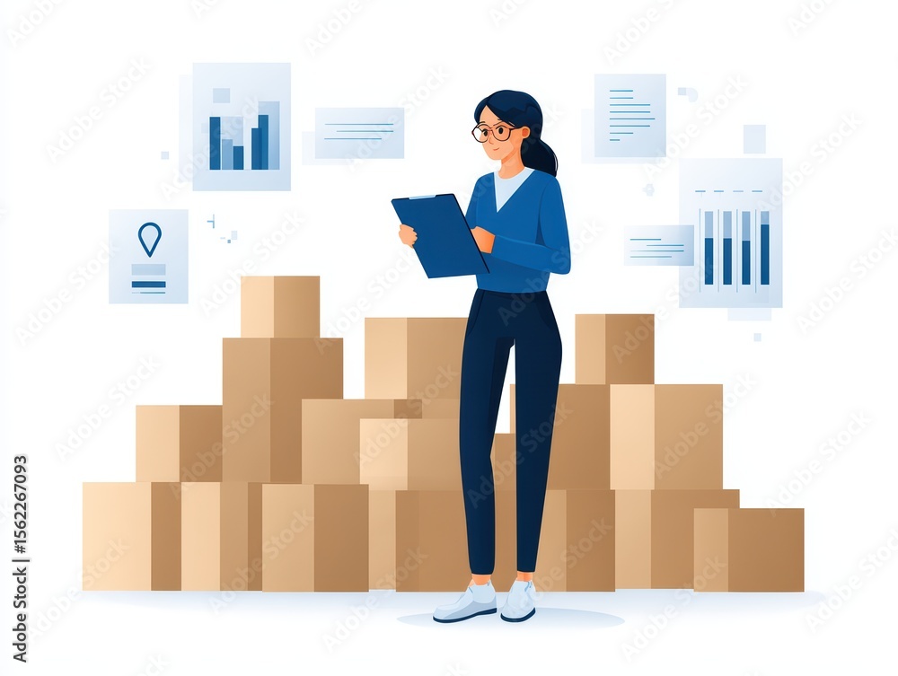 Poster woman in blue attire checking inventory with cardboard boxes and data visualizations in background