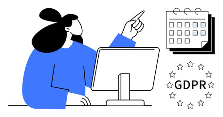 Woman at desk pointing to calendar, emphasizing GDPR compliance. Ideal for data privacy, regulations, planning, scheduling, deadlines, legal education corporate awareness. Simple flat metaphor