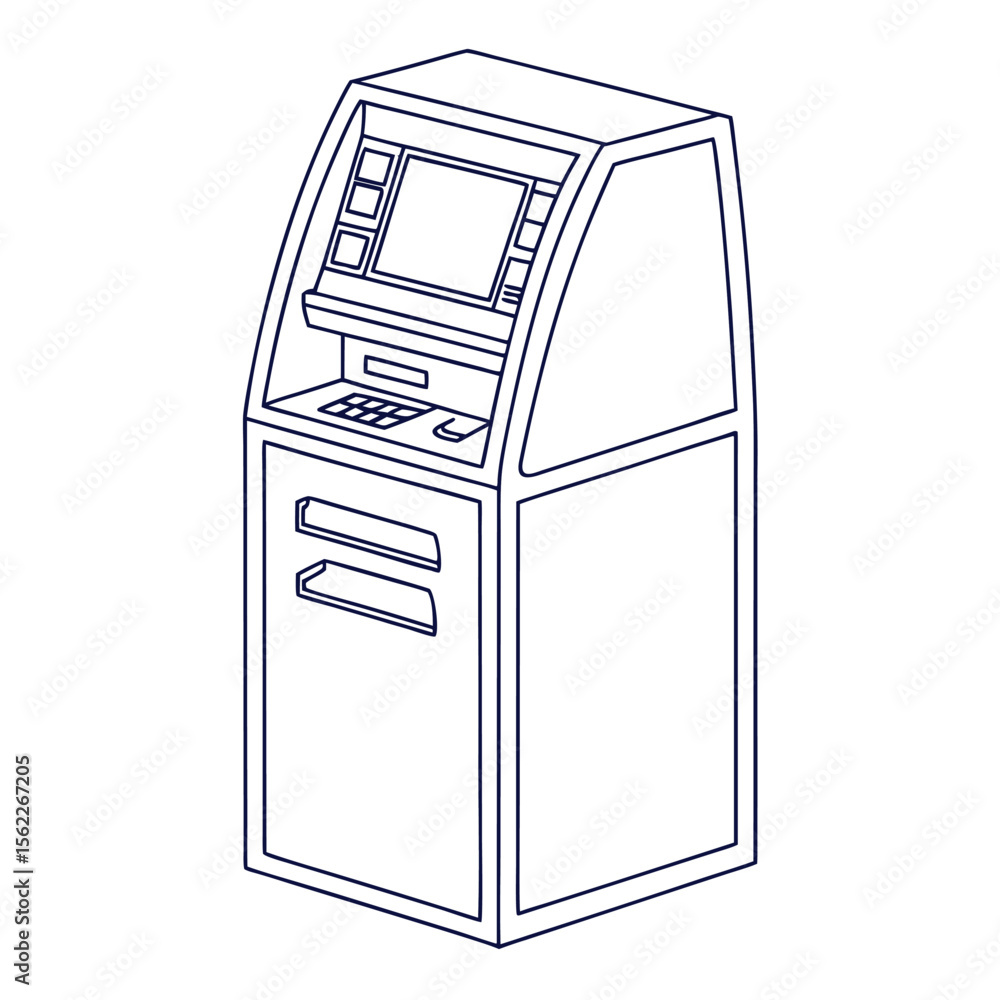 Poster a clean minimalist line art illustration of an atm machine presented in a simple isometric perspecti