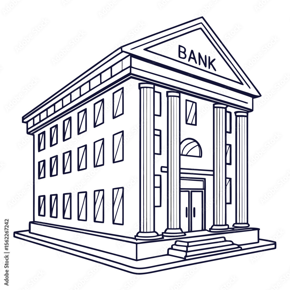 Aufkleber a simple line drawing of a classic bank building with large columns and a pediment featuring the wor