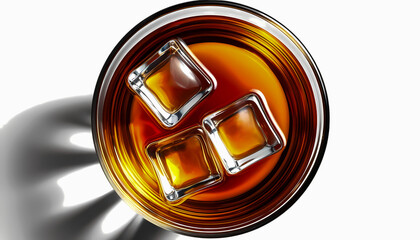 An overhead view of a glass filled with whiskey and three ice cubes, set on a white surface with strong shadows and highlights.