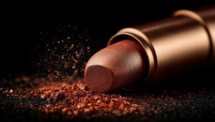 Photo of a bronze lipstick lies on a pile of bronze cosmetic powder