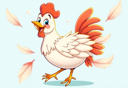 Smiling hen, whimsical pose, floating feathers, happy, cheerful, cartoonish style,  playful,  cheerful - Powered by Adobe