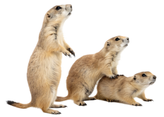 Three prairie dogs standing and looking up with one on top of another isolated on a transparent background