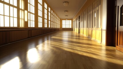 Fototapeta premium Sunlit school hallway