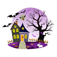 Haunted House Halloween Illustration – Spooky Witch, Tree, Bat & Ghost Scene | Cute Scary Cartoon Clipart for Kids Party Decor & Holiday Design