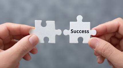 Hands Holding Puzzle Pieces with the Word Success on a Gray Background Symbolizing Achievement and Completion in Life and Business