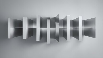 editorial spread on industrial minimalism | repetitive stability | spatial calm | powder-coated grayscale | axial balance | floating prisms | double surface layering | volume repetition | late