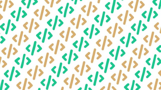 Muted green and soft yellow coding icons drift upward with gentle rotation on a white background. Seamless loop symbolizing digital programming flow, code culture, and modern dev aesthetics.