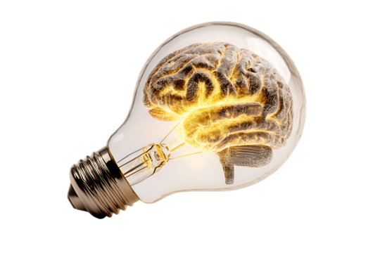 Glowing brain inside a light bulb, innovation, idea, intelligence concept.