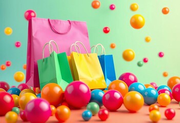 Vibrant shopping bags & colorful spheres float on a multicolored background,  texture,  present