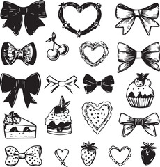 Set of hand drawn coquette silhouette vector icons isolated black and white 