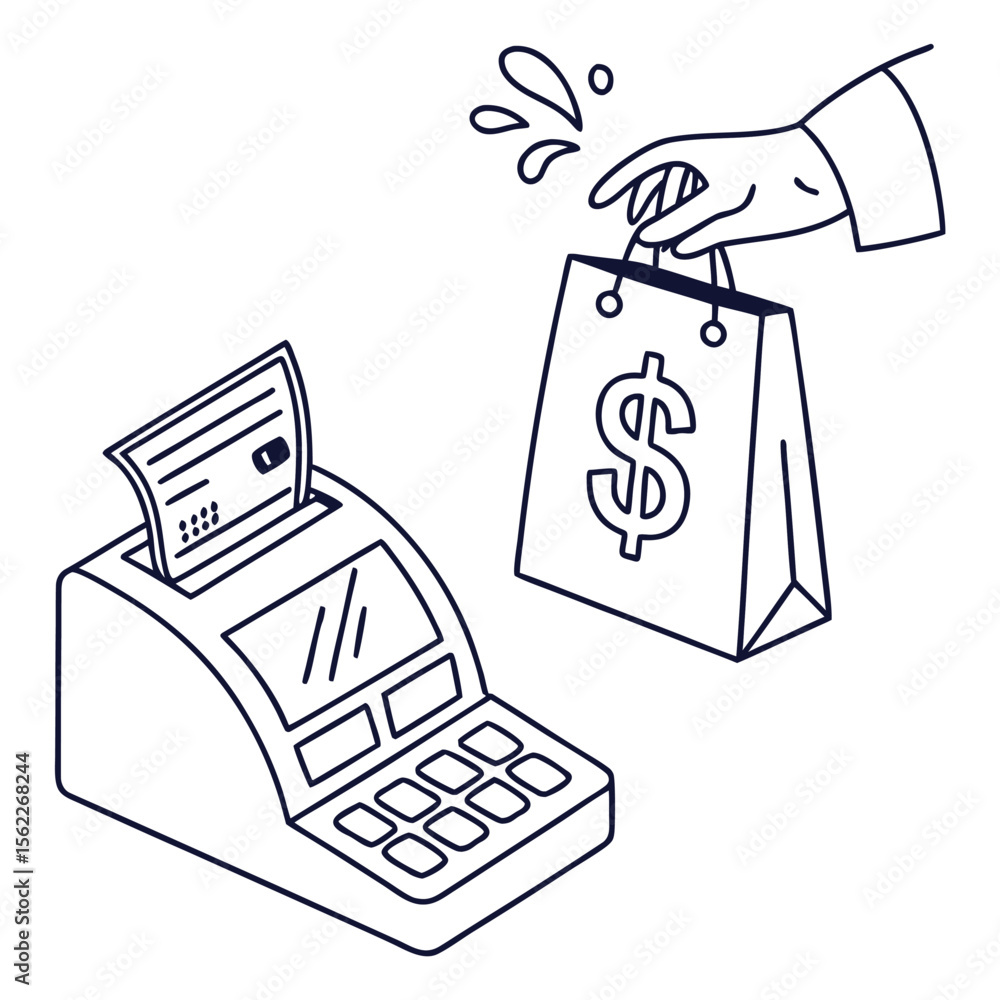 Poster a hand holds a shopping bag with a dollar sign as a credit card is inserted into a payment terminal 