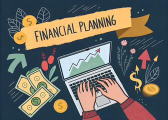 A person types on a laptop surrounded by money, coins, and financial planning icons