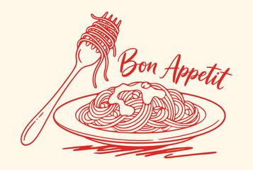 plate of spaghetti pasta retro hand-drawn sketch