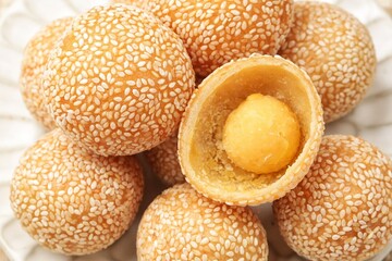 Onde-onde or sesame balls are a type of market snack cake that is famous in Indonesia. Sesame balls are easy to find in traditional markets or sold at street vendors