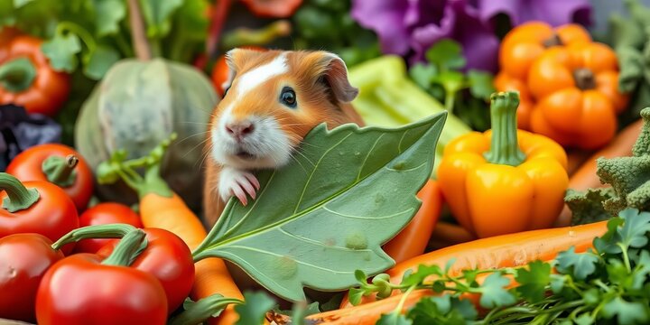 Whimsical guinea pig clutching a leaf-shaped sign amidst vibrant veggies,  lettuce,  vegetables - Powered by Adobe