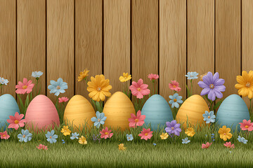 Colorful Easter eggs nestled in spring flowers grass