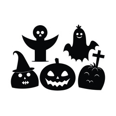Obraz premium Vector haunted house black and white illustration set. halloween silhouette elements of spooky cottage, big moon, ghost, bats, trees. scary samhain party invitation or card design. Premium Vector 
