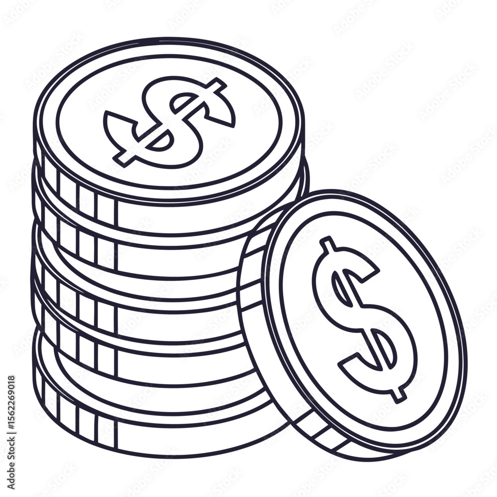 Poster a simple line art illustration of a stack of coins with dollar signs on them representing wealth and