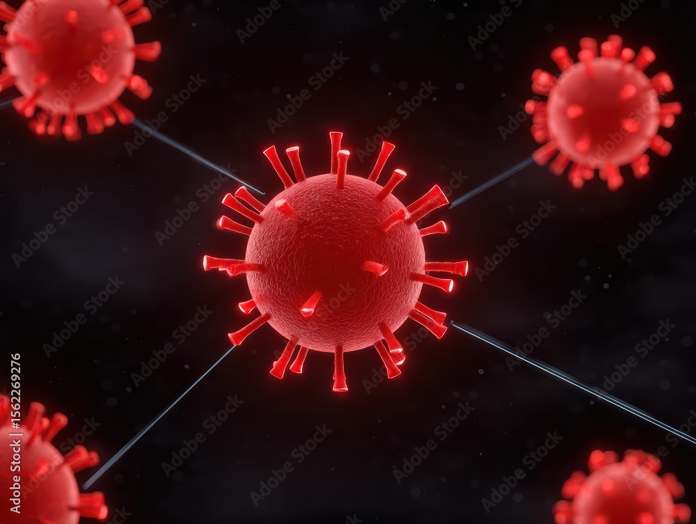 Poster red virus particles floating in dark space with detailed structure and protruding spikes representin