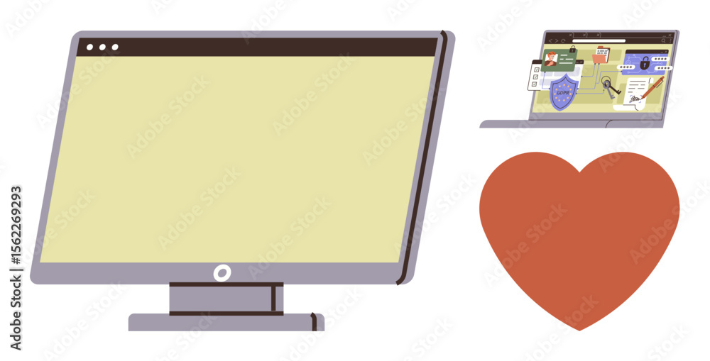 Poster desktop monitor with a blank screen, open laptop displaying security dashboard, and large heart. ide