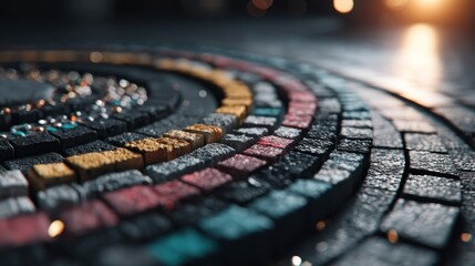 Colorful bricks curve across dark, rough stone ground
