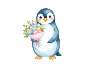 Fototapeta premium Charming penguin presents a bouquet of vibrant flowers, symbol of love and affection