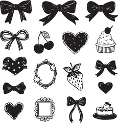 Set of hand drawn coquette silhouette vector icons isolated black and white 