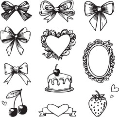 Set of hand drawn coquette silhouette vector icons isolated black and white 