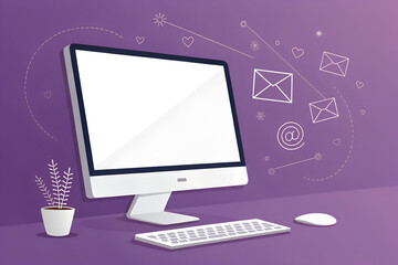 A computer with a keyboard and mouse is on a purple desk with email icons floating